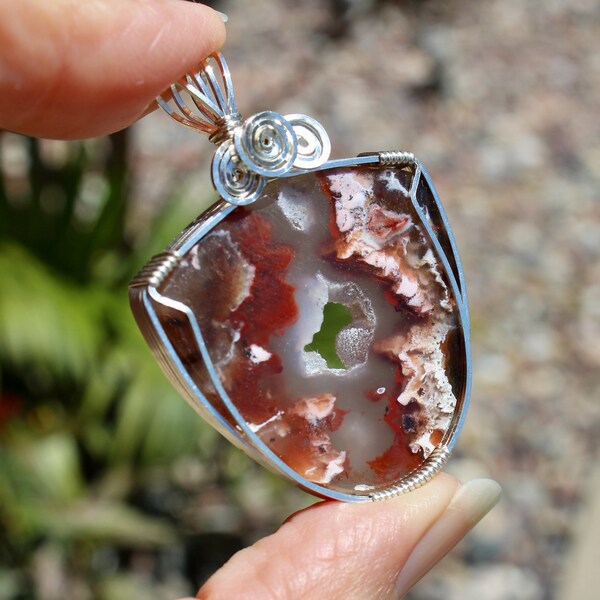 Rare Moroccan Seam Agate Stone Pendant, Moroccan Seam Agate Druzy Quartz Crystal Necklace, Argentium Silver Wire Wrapped, Handmade Jewelry