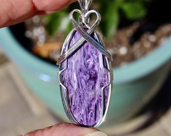 Fantastic Charoite Stone Pendant, Large Purple Chatoyant Charoite Stone Necklace, Argentium Sterling Silver Wire Wrapped, Handmade Jewelry