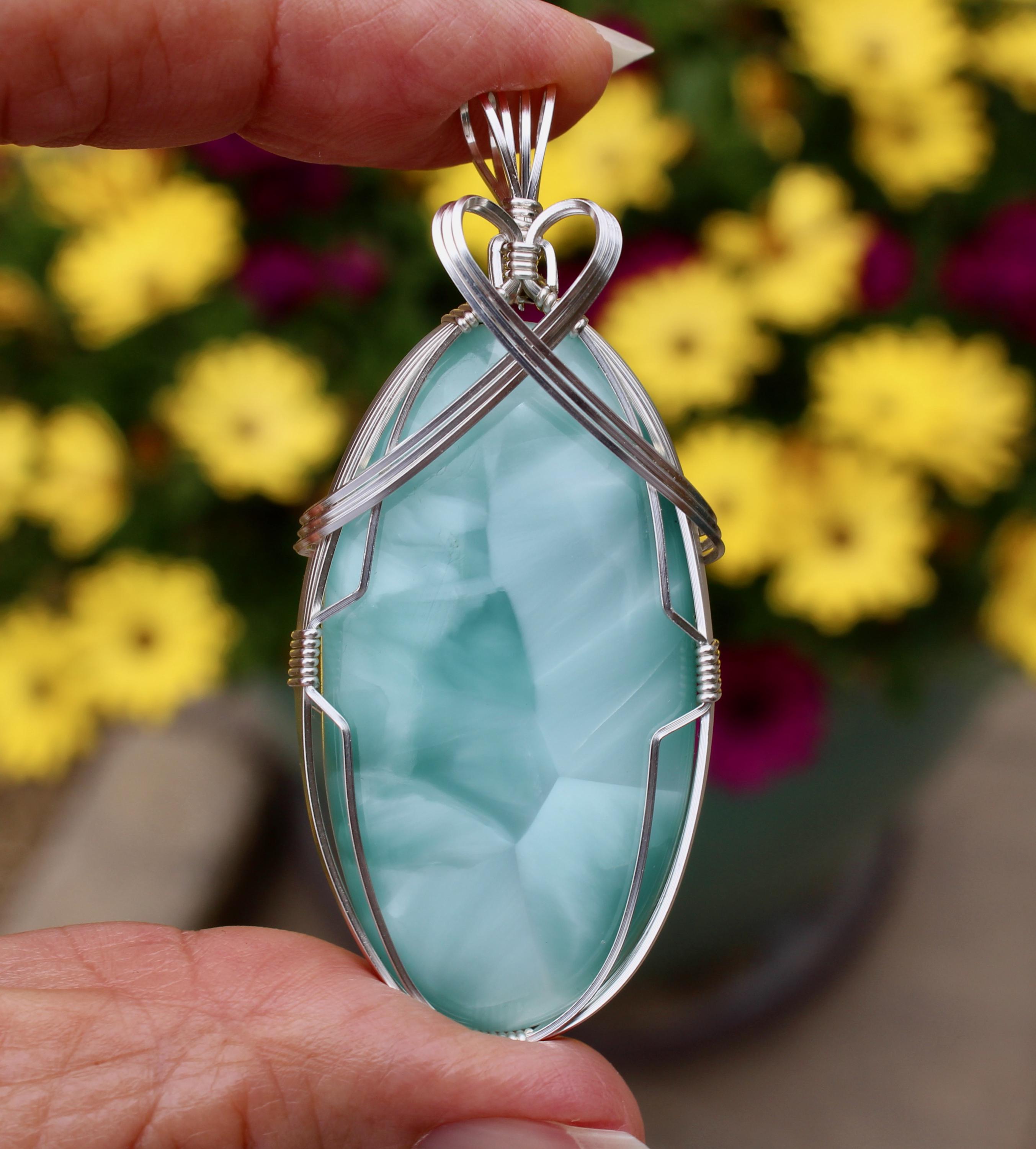Fantastic Hemimorphite Aqua Blue Stone Pendant, Wire Wrapped Pendant, Hemimorphite Crystal Stone Necklace Argentium Sterling Silver Wire