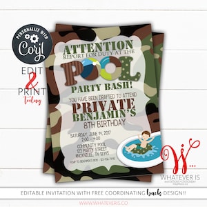 Edytowalne zaproszenie na imprezę urodzinową Army Pool Party Bash do wydrukowania | Impreza dla dzieci w stylu wojskowym | Impreza urodzinowa Pool Party | Zaproszenie na przyjęcie urodzinowe dla chłopca