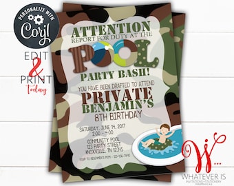 Army Pool Party Invitation | Camo Birthday, Editable (Digital)