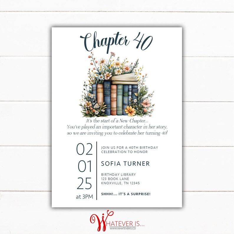 May include: A white invitation card with a floral illustration of a stack of books. The text on the card reads "Chapter 40" and "Join us for a 40th birthday celebration to honor Sofia Turner". The date is 02/01/25 at 3PM. The location is Birthday Library, 123 Book Lane, Knoxville, TN 12345. The text also reads "SHHH!... It's a surprise!"
