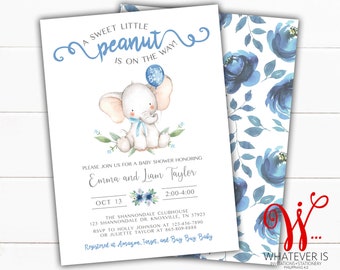 Baby Boy Blue Floral Elephant Baby Shower Printable Invitation | Watercolor Floral Baby Shower | Elephant Baby Shower | Printable Invitation