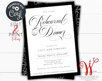 Editable Minimalist Floral Rehearsal Dinner Invitation: Black and White (DIY Invitation)