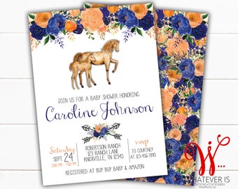 Orange and Blue Floral Horse Baby Shower Printable Invitation | Watercolor Floral Baby Shower | Horse Baby Shower | Printable Invitations