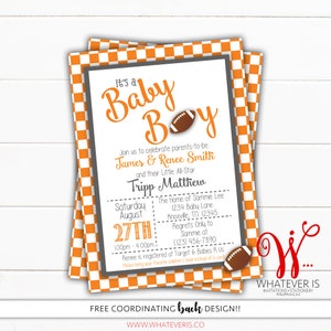 Orange Checkerboard Football Baby Shower Invitation