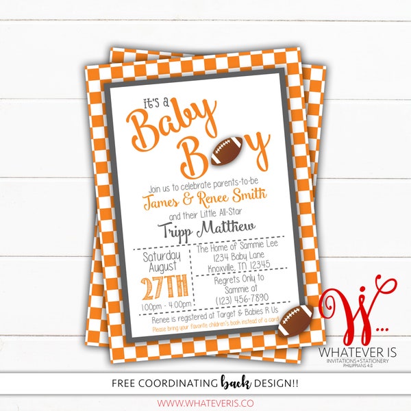 Orange Checkerboard Football Baby Shower Invitation