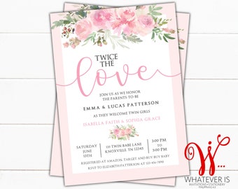 Twice the Love Twin Baby Girl Pink Floral Baby Shower Invitation | Pink Floral Twin Baby Shower | Shabby Chic Floral Baby Shower Invitation