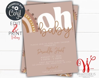 Editable Boho Rainbow Baby Shower Invitation, Neutral Terracotta (Corjl Template)