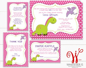 Girly Pink Dinosaur Baby Shower Invitation Bundle | Pink & White Baby Shower | Baby Girl Dinosaur Shower | Printable Baby Shower Suite