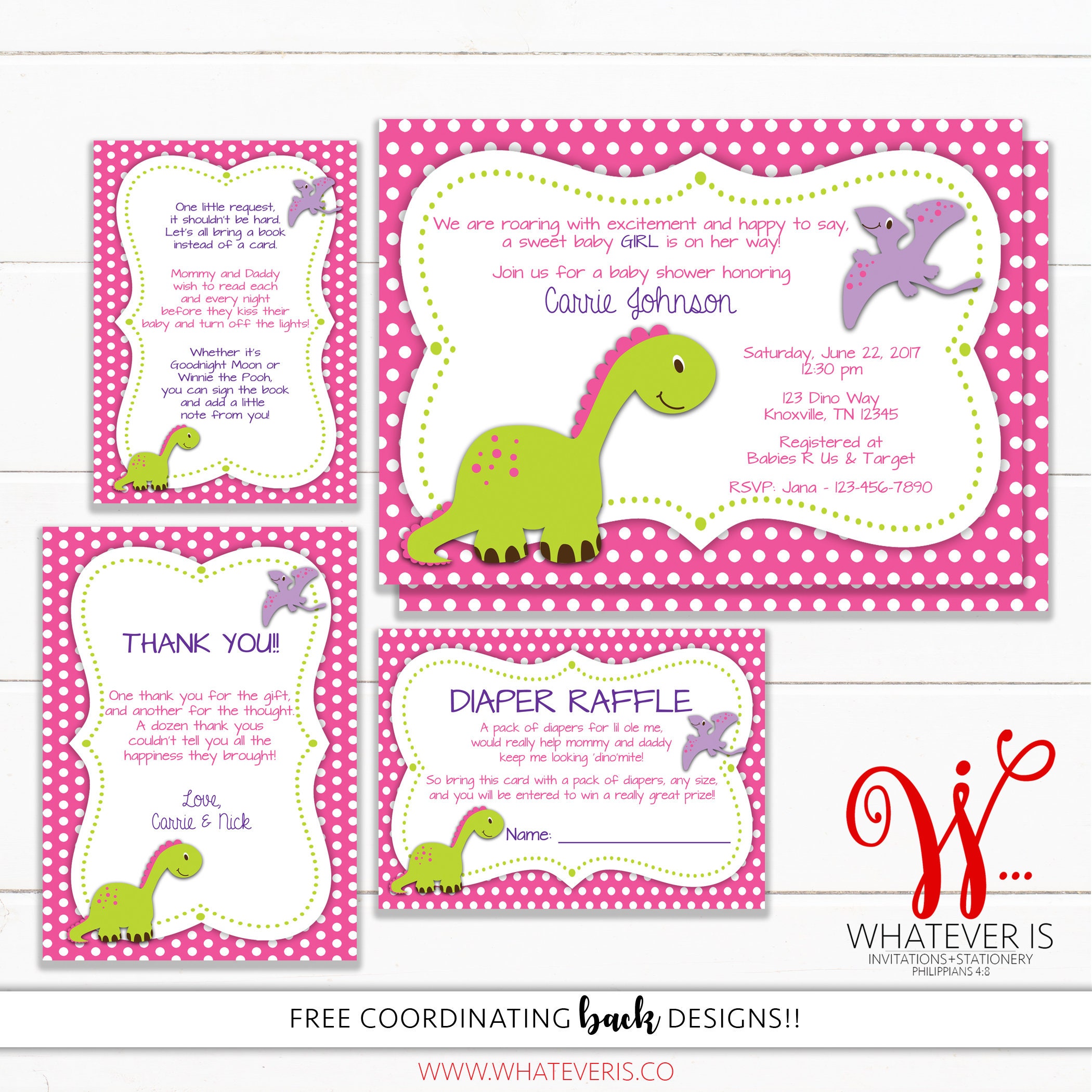 Girly Pink Dinosaur Baby Shower Invitation Bundle Pink Etsy
