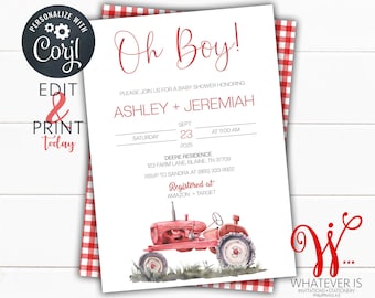 EDITABLE Red Tractor Baby Shower Invitation | Farm Baby Shower Invite | Country Baby Shower | Printable Tractor Invite | Boy Baby Shower