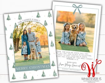 Family Picture Christmas Card: Simple Christmas Tree, Romans 15 Scripture Verse (Digital File or Printed)