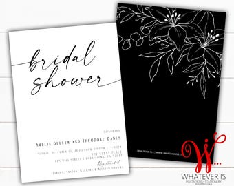 Black and White Modern Elegance Bridal Brunch Shower Invitations | Simple Floral Bridal Shower Invitation | Printable Wedding Shower