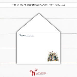 May include: White envelope with a floral illustration of a stack of books. The envelope has a printed address with the name Thompson, 123 Birthday Lane, Knoxvalle TN 12347.