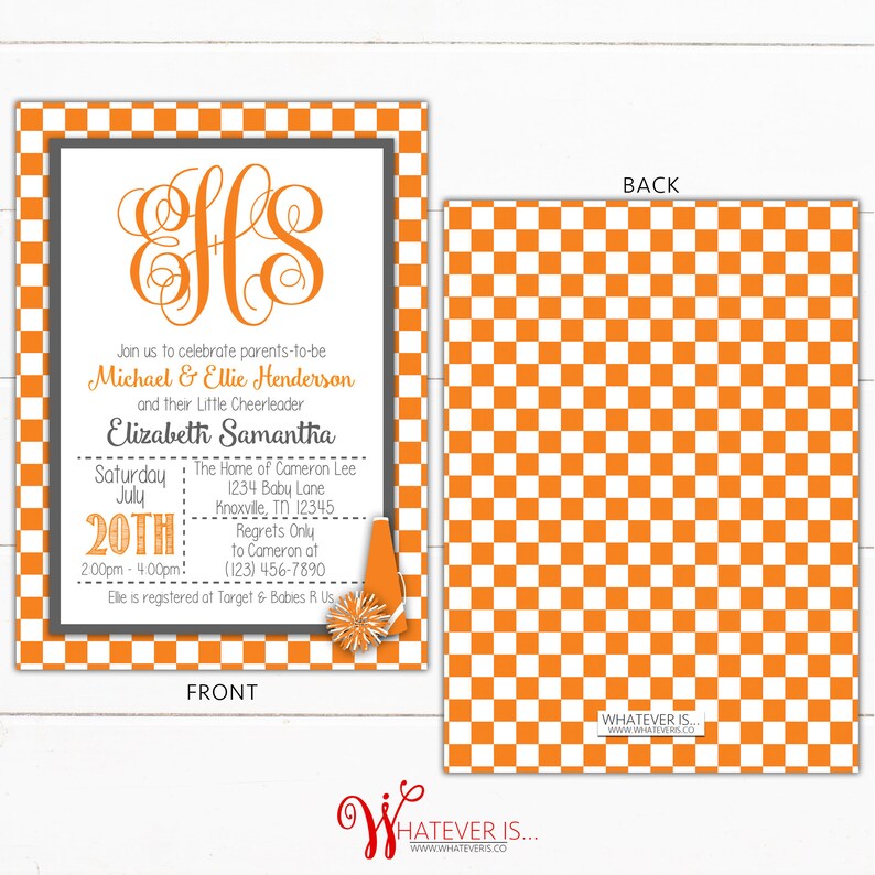 Cheerleading Baby Shower Invitation Orange and White Cheerleading Monogram Baby Shower Invitation Tennessee Cheerleading Vols image 2