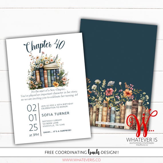 Chapter 40 Birthday Invitation | Chapter Book Birthday Party | Adult Birthday Theme | Women's Storybook Birthday Invitation | Book Birthday