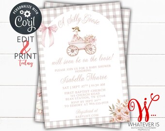 Silly Goose Girl Baby Shower Invitation, Editable Watercolor Goose Template, Pink Gingham Floral Invite, Coquette Baby Girl