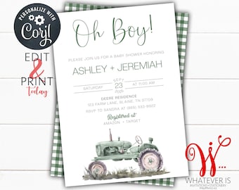 EDITABLE Green Tractor Baby Shower Invitation | Farm Baby Shower Invite | Country Baby Shower | Printable Tractor Invite | Boy Baby Shower