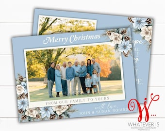 Family Picture Christmas Card: Blue Floral Christmas, Romans 15 Scripture Verse (Digital File or Printed)