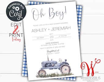 EDITABLE Blue Tractor Baby Shower Invitation | Farm Baby Shower Invite | Country Baby Shower | Printable Tractor Invite | Boy Baby Shower