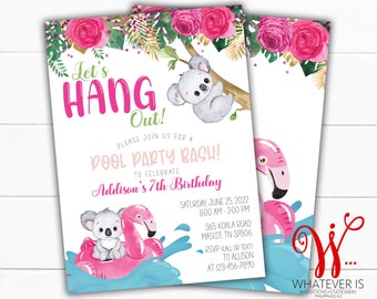Koala Pool Party Birthday Invitation | Koala Birthday Invitation | Floral Birthday Invitation | Bear Birthday Invitation | Girl Birthday
