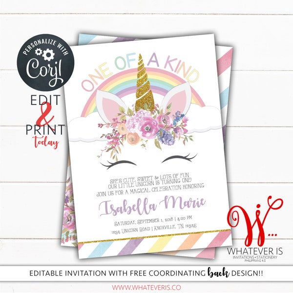 EDITABLE One of a Kind Unicorn 1st Birthday Invitation | Unicorn Rainbow Birthday Invitation | Girl First Birthday | Pastel Floral Invite