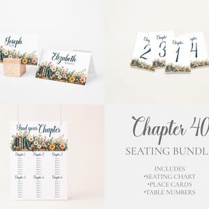 May include: A wedding stationery bundle featuring a floral and book illustration with the text Chapter 40 Seating Bundle. Includes a seating chart, place cards, and table numbers labeled 1 through 4, all decorated with colorful flowers and books.