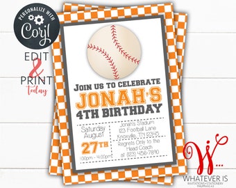 Editable Orange and White Birthday Invitation | Baseball Birthday Invitation | Boy Birthday Party Invitations | College Baseball | Printable