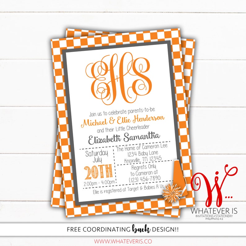 Cheerleading Baby Shower Invitation Orange and White Cheerleading Monogram Baby Shower Invitation Tennessee Cheerleading Vols image 1