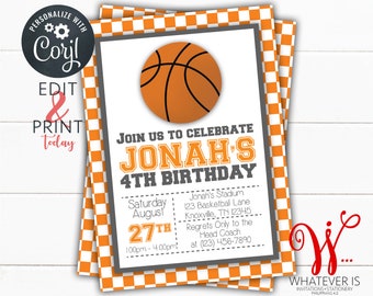 Editable Orange and White Birthday Invitation | Basketball Birthday Invitation | Boy Birthday Party Invitations | College Basketball | Print