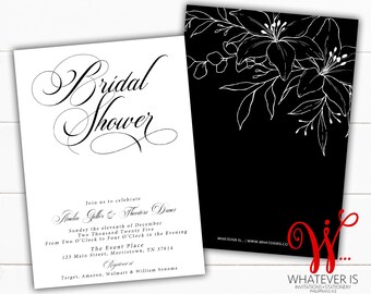 Black and White Elegant Bridal Brunch Shower Invitations | Simple Floral Bridal Shower Invitation | Printable Wedding Shower