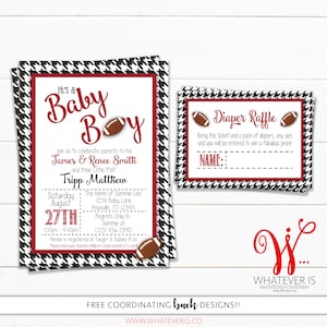Houndstooth and Crimson Baby Shower Invitation with Diaper Raffle | Football Baby Shower | Alabama Football | Roll Tide Baby | Crimson Tide