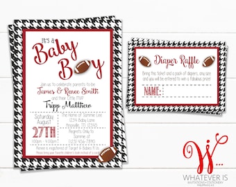 Houndstooth and Crimson Baby Shower Invitation with Diaper Raffle | Football Baby Shower | Alabama Football | Roll Tide Baby | Crimson Tide