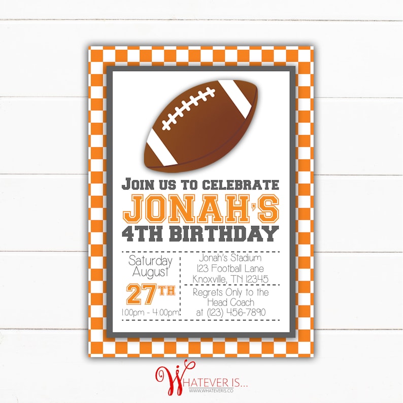 Orange and White Football Birthday Invitation Front Design 
Digital or Printed