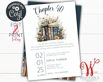 EDITABLE Chapter 40 Birthday Invitation | Chapter Book Birthday Party | Adult Birthday Theme | Women's Storybook Birthday Invitation | Book
