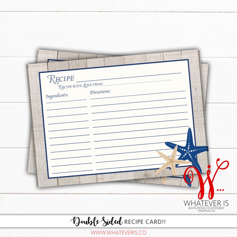 5x7 Starfish Recipe Card Printable Nautical Beach Recipe Card Navy Recipe Card Beach Bridal Shower Recipe Card Recipe Card WI001 image 1