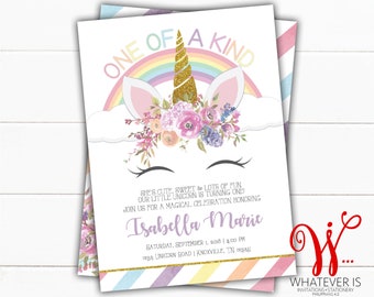 One of a Kind Unicorn 1st Birthday Invitation | Unicorn Birthday Invitation | First Birthday | Pastel Rainbow | Pastel Florals | Pastel Gold