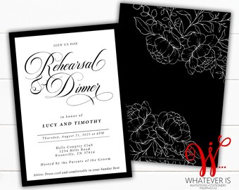Minimalist Floral Rehearsal Dinner Invitation: Black and White (Printable Invite)