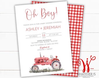 Red Country Style Tractor Shower Invitation Farm Theme Baby Boy Celebration Party Template Digital Design Rustic Announcement Printable Card