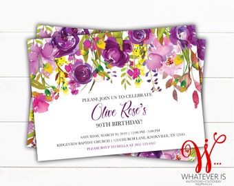 Purple and Yellow Floral Birthday Invitation | Watercolor Floral Birthday Invitation | Adult Floral Birthday Invitation | Purple and Yellow