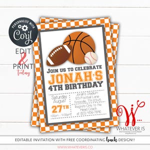 Editable Orange and White Sports Birthday Invitation | Sports Birthday Invitation | Boy Birthday Party Invitations | College Sports