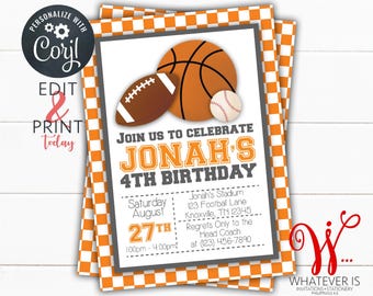 Editable Orange and White Sports Birthday Invitation | Sports Birthday Invitation | Boy Birthday Party Invitations | College Sports
