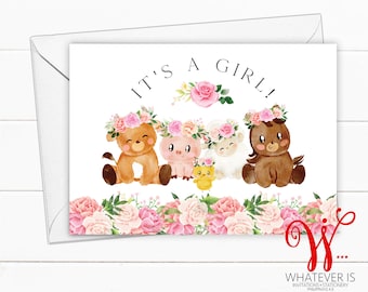 PRINTABLE Baby Shower Card | Farm Animal Card | It's A Girl Animal Baby | Greeting Card | Digital Baby Shower Card | Instant Download