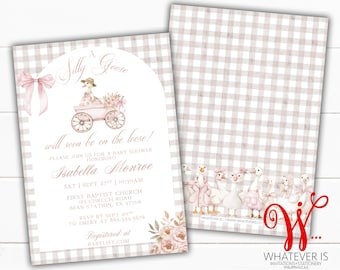 Silly Goose Shower Invitation Girl Baby Celebration Pink Invite Vintage Style Gingham Pattern Floral Design Watercolor Goose Bow Theme