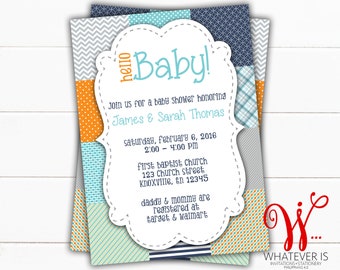 Hello Baby Quilt Baby Shower Invitation | Boy Baby Shower Invitation | It's A Boy | Printable Baby Shower | Navy | Orange | Turquoise | DIY