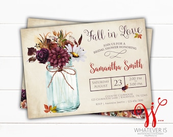 May include: Bridal shower invitation with a watercolor illustration of flowers in a mason jar. The invitation reads "Fall in Love" and includes event details for Samantha Smith, August 23rd, 2:00 PM to 5:00 PM.