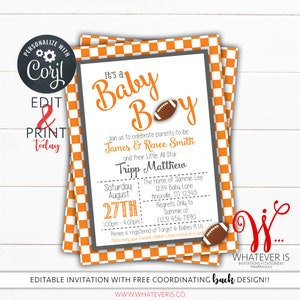 Bewerkbare voetbal babyshower uitnodiging | Sportbabyshower | Babyshower universiteitsvoetbal | Tennessee babyshower | Vrijwilligers | Vols