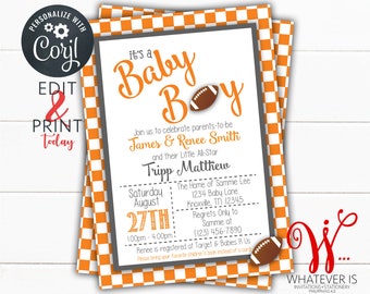 Editable Football Baby Shower Invitation | Sports Baby Shower | College Football Baby Shower | Tennessee Baby Shower | Volunteers | Vols