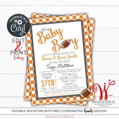 Invitation modifiable de baby shower de football | Baby Shower sportive | Baby shower de football universitaire | Fête prénatale du Tennessee | Bénévoles | Vols